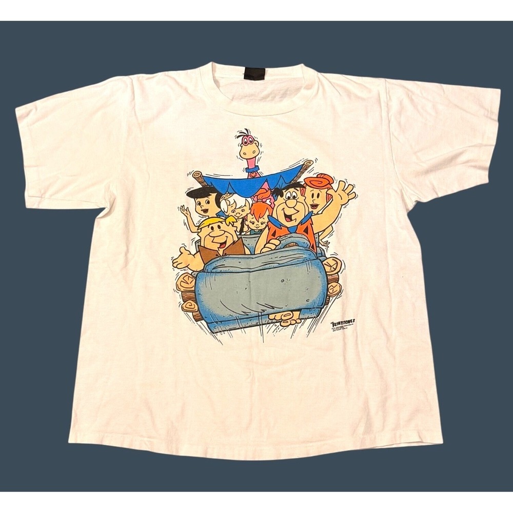 Vintage 1991 Flintstones Cartoon T-Shirt White Retro Print Size XL Double Sided